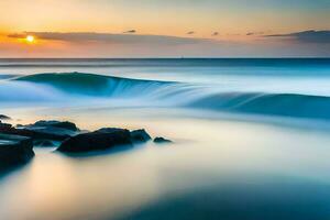 a long exposure photograph of waves crashing on rocks. AI-Generated photo