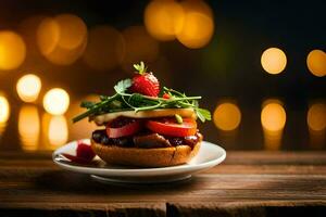 a hamburger with tomatoes and strawberries on a plate. AI-Generated photo