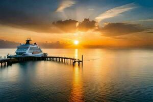 a cruise ship docked at the pier at sunset. AI-Generated photo