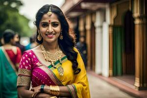 a beautiful indian woman in a colorful sari. AI-Generated photo