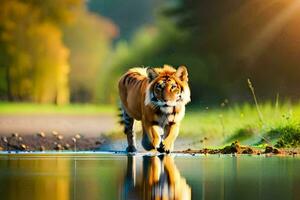 a tiger walking across a pond in the sunlight. AI-Generated photo