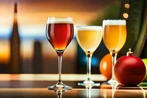 three glasses of different colored drinks on a table. AI-Generated photo
