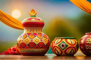 three colorful vases with colorful designs on them. AI-Generated photo