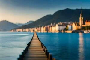 un de madera muelle estiramientos fuera dentro el agua. generado por ai foto