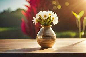 a vase with white flowers on a table. AI-Generated photo