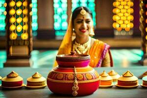 a woman in traditional indian attire sits in front of a pot. AI-Generated photo