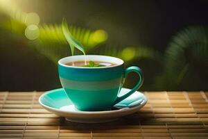 a cup of tea on a bamboo table. AI-Generated photo