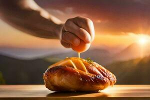 un mano es inmersión un manzana dentro un pedazo de pollo. generado por ai foto