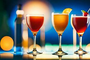 three glasses of different colored drinks on a bar. AI-Generated photo