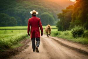 a man in a red suit walks down a dirt road with a cow. AI-Generated photo