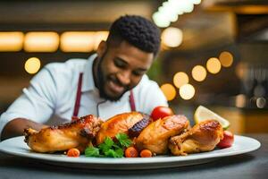 cocinero preparando un pollo plato. generado por ai foto