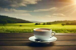 un taza de café en un de madera mesa en el campo. generado por ai foto