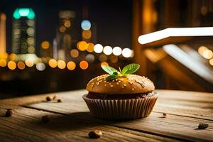 a cupcake sitting on a table in front of a cityscape. AI-Generated photo