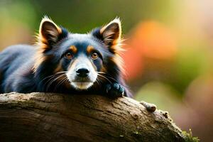 un perro es sentado en un Iniciar sesión en el bosque. generado por ai foto