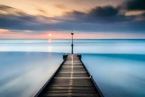 a long exposure photo of a dock in the ocean. AI-Generated