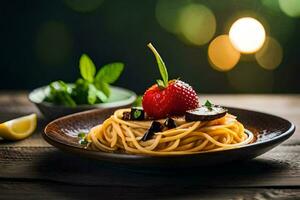 spaghetti with mushrooms and strawberries on a wooden table. AI-Generated photo