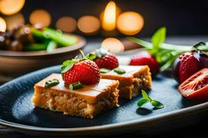 un plato con un rebanada de pastel y fresas generado por ai foto