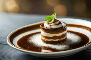 a dessert on a plate with chocolate and whipped cream. AI-Generated photo