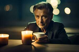 a man holding a cup of coffee and a candle. AI-Generated photo