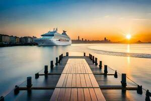 a cruise ship docked at the end of a pier. AI-Generated photo