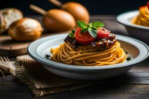 spaghetti with meat and tomatoes in a bowl. AI-Generated photo