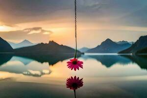 a pink flower hanging from a chain over a lake. AI-Generated photo