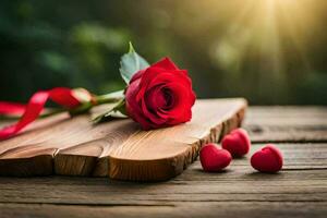 rojo Rosa en un de madera corte tablero con corazones. generado por ai foto