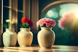 three vases with flowers on a table. AI-Generated photo