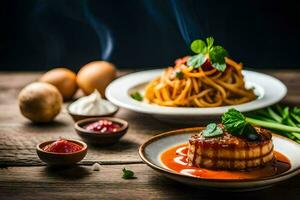 the food is served on a wooden table. AI-Generated photo
