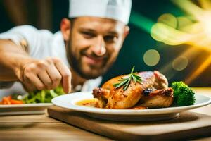 chef holding a plate of food with broccoli and meat. AI-Generated photo