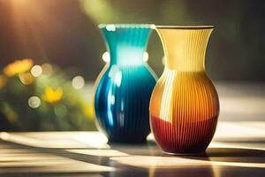 two colorful vases sitting on a table. AI-Generated photo