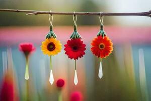 three colorful flowers hanging from a branch. AI-Generated photo