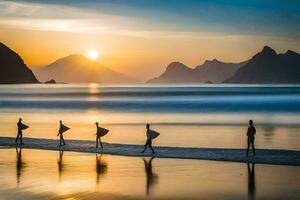 surfistas caminando a lo largo el playa a puesta de sol. generado por ai foto