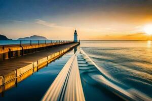 a lighthouse at sunset with a long exposure. AI-Generated photo