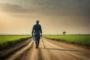 un hombre caminando abajo un suciedad la carretera con un caña. generado por ai foto