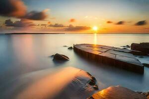 a long exposure photograph of a dock in the ocean. AI-Generated photo