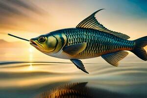 un pescado es flotante en el agua a puesta de sol. generado por ai foto