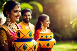 un mujer en tradicional indio atuendo participación un maceta. generado por ai foto