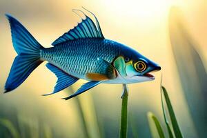 a fish is flying over grass and water. AI-Generated photo