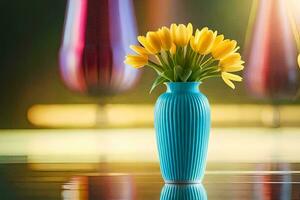yellow tulips in a blue vase on a table. AI-Generated photo