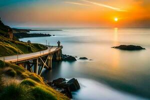 the sun rises over the ocean and pier in this long exposure. AI-Generated photo