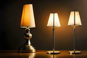 Tres lamparas en un mesa con un oscuro antecedentes. generado por ai foto