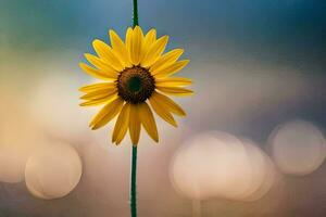 a single yellow sunflower is standing in the middle of a field. AI-Generated photo