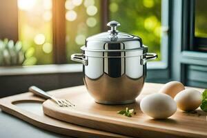 a stainless steel pot and eggs on a cutting board. AI-Generated photo
