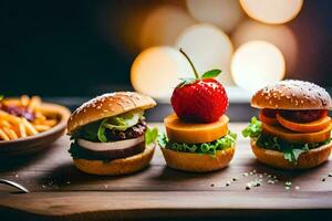 three mini burgers with strawberries and cheese on a wooden tray. AI-Generated photo