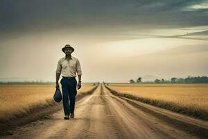 un hombre en un sombrero y blanco camisa caminando abajo un suciedad la carretera. generado por ai foto