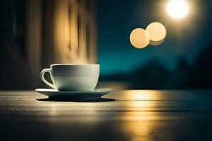 a cup of coffee on a table in front of a window. AI-Generated photo