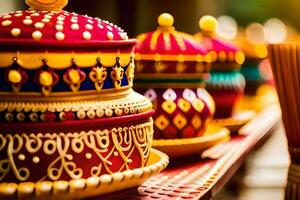 many colorful pots and bowls lined up on a table. AI-Generated photo