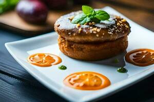a small pastry on a white plate. AI-Generated photo