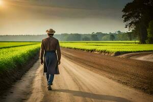 a man in a hat walks down a dirt road. AI-Generated photo